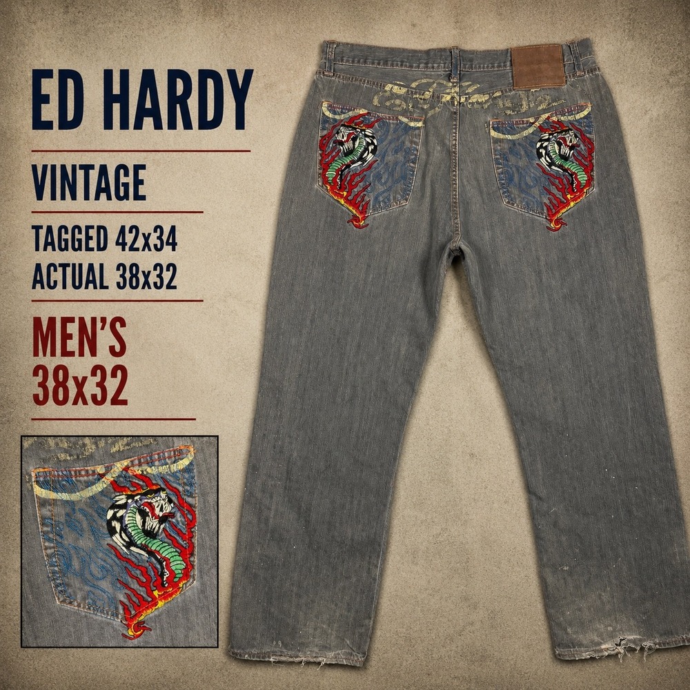 Ed Hardy Vintage Gray Embroidered Tiger Flame Jeans Mens 38x32 Y2K Streetwear